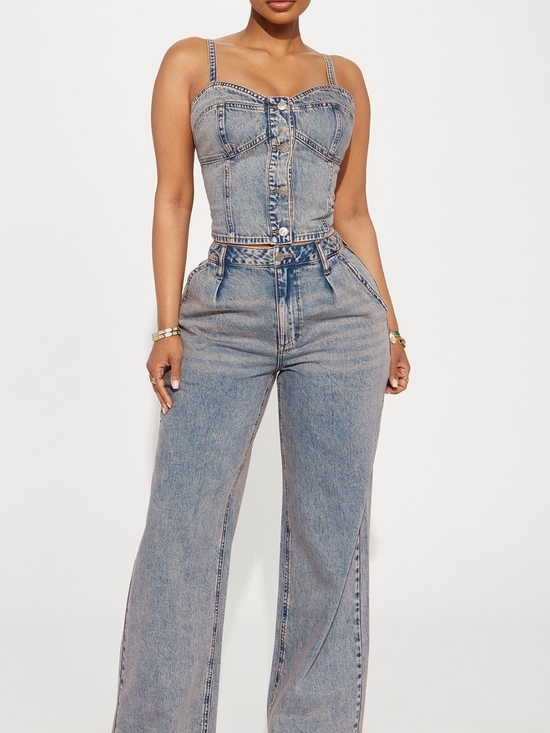 Fashion Nova Pants - Fashion Nova Light Wash Denim Wide Leg Jumpsuit Set